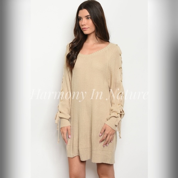 Tan Lace Up Sleeve Cozy Sweater Dress - Picture 3 of 5